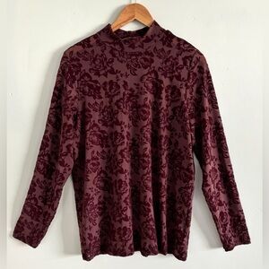 Torrid Flocked Mesh Mock Neck Long Sleeve Top Burgandy Floral Shirt 41026045